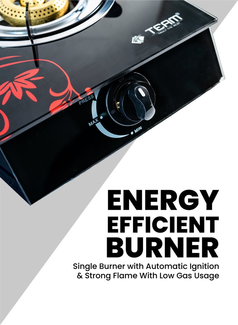 TEAM Glass Top Gas Stove Single Burner | Automatic Ignition | Low Gas Consumption | High‑Efficiency Steel Frame | LPG Gas Cooktop with Detachable  Cleaning Tray | Durable Glass Panel Stove - Image 3